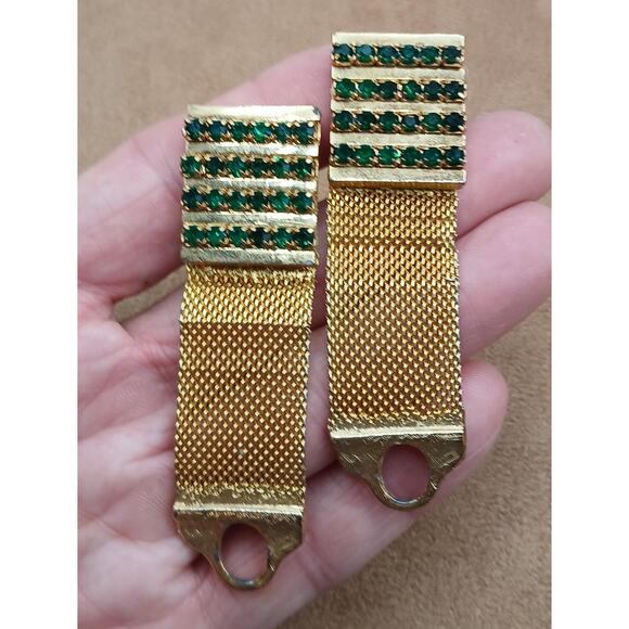 Vintage Gold Tone Emerald Green Rhinestone Mesh Wrap Toggle Cufflinks - Picture 2 of 4